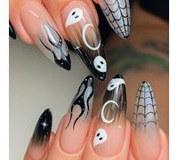 Shadow Gradient Black Ombre Press-On Nails With Milky Ghost White Nail Base - Long Almond Shape Minimalist Horror Art Featuring Moon, Stars, Holographic Shimmer And Intricate Spider Web Designs