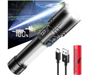 Shadowhawk LED Rechargeable Torch with LCD Display & COB Side Light, 7 Modes XHM90.2 10000000 Lumen LED Torch Extremely Bright, Portable Tactical Torches, Strong Flashlight for Outdoor Camping