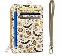 Shaeotek Bat Leather Credit Card Slim Wallet with Zipper, Beige Bat Small Card Case Front Pocket PU Leather, ID Window with Lanyard for Girls Women
