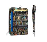 Shaeotek Bookshelf Leather Credit Card Slim Wallet with Zipper, Cat Book Small Card Case Front Pocket PU Leather, ID Window with Lanyard for Girls Women