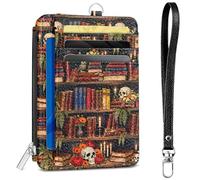 Shaeotek Gothic Bookshelf Leather Credit Card Slim Wallet with Zipper, Skull Rose Small Card Case Front Pocket PU Leather, ID Window with Lanyard for Girls Women