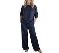 Shafaja Women's Glitter Two-Piece - Sparkling Tracksuit, 2-Piece Sweat Set with Sweatshirt and Trousers, Christmas & New Year's Eve Outfit, navy, XXL