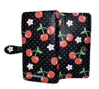 Shag Wear Large Women’s Wallet Cherry Pattern in Black, Vegan Faux Leather Bifold with Card Slots, Bill Compartments and Secure Snap Closure