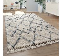 Shaggy Rug Living Room High Pile Modern Diamond Pattern Rhombuses in Cream Blue