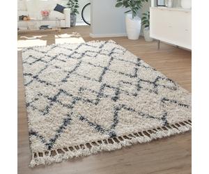 Shaggy Rug Living Room High Pile Modern Diamond Pattern Rhombuses in Cream Blue