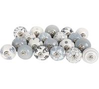 Shah Crafts.Ceramic Door Knobs Set of 12 Grey and White Premium Quality Assorted Flower Designs Handmade for Vintage Interior Furniture, Cabinet Cupboard Wardrobe Drawers Pulls Handles