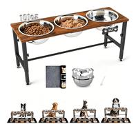 SHAINFUN Adjustable Height Elevated Dog Bowl Stand for Large & Extra Large Dogs - Wooden Raised Dog Bowls with Three 101oz Stainless Steel Bowls & Mat, Stainless Steel Food & Water Station