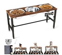 SHAINFUN Adjustable Height Elevated Dog Bowl Stand - Wooden Raised Dog Bowls with Three 58oz Stainless Steel Bowls & Mat for Small to Large Dog Breeds