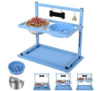SHAINFUN Blue Raised Dog Bowl Stand with Two 1700ml Stainless Steel Food Bowl, a Slow Feeder and Spill Proof Mat, Adjustable Elevated Dog Bowls for Large Medium and Small Breeds