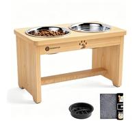 SHAINFUN Elevated Dog Bowls with Slow Feeder & Mat for Medium and Large Dogs, 10" Tall Wooden Raised Dog Bowl Stand, 2 Stainless Steel 58oz Bowls for Food & Water