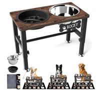 SHAINFUN Elevated Dog Bowls with Slow Feeder & Mat for Medium and Large Dogs, 12" Tall Adjustable Wooden & Metal Raised Dog Bowl Stand, 2 Stainless Steel 58oz Bowls for Food & Water