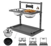 SHAINFUN Grey Raised Dog Bowl Stand with Two 1700ml Stainless Steel Food Bowl, a Slow Feeder and Silicone Pet Feeding Mat, Adjustable Dog Feeder, Elevated Dog Bowls for Large Medium and Small Dogs