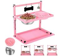 SHAINFUN Pink Elevated Dog Bowl Stand with Two 1700ml Stainless Steel Food Bowls, Slow Feeder and Spill Proof Mat, Adjustable Feeder for Large, Medium and Small Dogs
