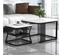 SHAIRMB Set of 2 Tables Square Coffee Table, Multi-functional End Side Table, Nesting Tables with Black Metal Frame Legs and Marble Pattern White Top, for Living Room Home,White+Black