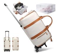 SHAIRMB Travel Bag with Removable Wheels(Optional), High Capacity Bag with Shoe Compartment, PU Leather Waterproof Trolley bag, for Boarding Large Capacity,Off white,Trolley bag