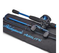 Shakespeare Agility Travel Low Profile Baitcast Reel and 6'6" Fishing Rod Combo, Right Handle Position, 90mm Handle with Large Knobs for Extreme Torque, Multi-Disk Drag System