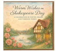 Shakespeare Day Greeting Card - Warm Wishes on Shakespeare Day - Tudor Cottage, River Swans & Roses - Literary Celebration of Poetry, Drama and Timeless Words - Elegant Art Card