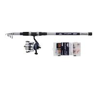 Shakespeare Salt Jetty Jouster Combo Set; 2.40 m Sea Fishing Rod and Reel for Inshore/Nearshore Spinning, Includes Hard Case Box, Lures and End Tackle, 20-60g, Blue and White