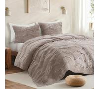 SHALALA Velvet Quilt Set King Size,Ultra Soft Luxury Lightweight Summer Velvet Comforter Set, Oversized Bedspread Coverlet with 2 Shams Geometries Pattern,for All Season(Light Taupe,King)