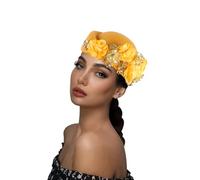 Shalitong European and American Retro British Felt Headscarf hat Women's Church Derby Headdress with Floral Women's Soft Beret (UK, Alpha, One Size, M, Golden)