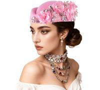 Shalitong European and American Retro British Felt Headscarf hat Women's Church Derby Headdress with Floral Women's Soft Beret (UK, Alpha, One Size, M, Pink)