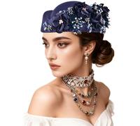 Shalitong European and American Retro British Felt Headscarf hat Women's Church Derby Headdress with Floral Women's Soft Beret (UK, Alpha, One Size, M, Navy Blue)