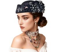 Shalitong European and American Retro British Felt Headscarf hat Women's Church Derby Headdress with Floral Women's Soft Beret (UK, Alpha, One Size, M, Black)