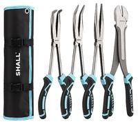 SHALL 4 PCS Long Needle Nose Pliers Set, 11" Long Nose Plier, 90° & 45° Bent Nose Pliers, Long Diagonal Cutting Plier & Roll Up Storage Pouch Included, Two-Color TPR Handle, for Car Repair/House Work