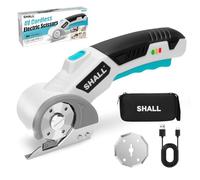 Shall 4V Cordless Electric Scissors with Safety Lock, LED Light & Replacement Blade - Rechargeable Rotary Cutter for Fabric, Leather, Carpet, Cardboard and Plastic - White & Blue