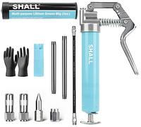 Shall Mini Grease Gun, Small Grease Gun Kit (3.52OZ Capacity, 3000PSI) with 2PCS 4-Jaw couplers, Sharp Nozzle, Extension Adapter, 3OZ Cartridge Grease, Reinforced PVC Glove & Zerk Fitting Cleaner