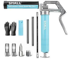 SHALL Mini Grease Gun, Small Grease Gun Kit (3.52OZ Capacity, 3000PSI) with 2PCS 4-Jaw couplers, Sharp Nozzle, Extension Adapter, 3OZ Cartridge Grease, Reinforced PVC Glove & Zerk Fitting Cleaner