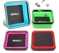 SHALL New Version Collapsible Magnetic Parts Tray Set, 4-Pack Magnetic Tool Trays for Screw Bolts Nuts Washers Pins & Small Metal Parts, 4.5” Square Silicone Foldable Bowls w/Dual-Sided Magnetic Base