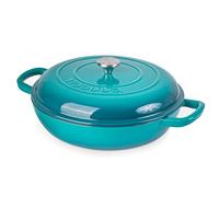 Shallow Cast Iron Casserole with Lid - Non Stick Dutch Oven Pot, Oven Safe up to 500° F - Sturdy Ovenproof Stockpot Cookware - Enamelled Cooking Pot - Teal, 5-Quart, 32cm - by Nuovva
