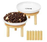 Shallow Elevated Cat Bowls with Bamboo Stand, 5.9 Inch Wide Ceramic Cat Dish Whisker Friendly, 2 Pack Pet Food and Water Plates