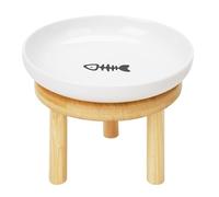 Shallow Elevated Cat Bowls with Bamboo Stand, 5.9 Inch Wide Ceramic Cat Dish Whisker Friendly,Pet Food and Water Plates