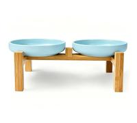 Shallow Elevated Cat Bowls with Bamboo Stand, 6.1 Inch Wide Ceramic Cat Dish Whisker Friendly, 2 Pack Pet Food and Water Plates