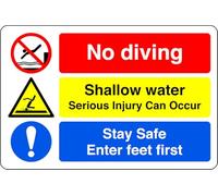 Shallow water no diving - No swimming, No diving, No Sailing, Deep water - High tack self-adhesive sticker (150mm x 100mm) Viewing Distance within 3m.