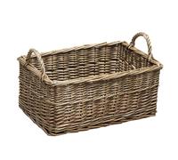 Shallow Willow Storage Basket with Handles, Antique Wash Brown Wicker, Rustic Home Organiser, 43x24x27cm