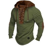 ShallWe Men's Henley Shirt Hooded Long Sleeve Lace Up Vintage Solid Casual T-shirt Tactical Patchwork Western Tee Sports, Army Green, 3XL