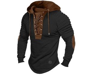 ShallWe Men's Henley Shirt Hooded Long Sleeve Lace Up Vintage Solid Casual T-Shirt Tactical Patchwork Western Tee Sports, Black, XL