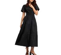 ShallWe Women's Black Summer Dress Casual Long Maxi Short Sleeve Layered Cotton V Neck A Line Flowy Dresses for Women 2025, Black, M