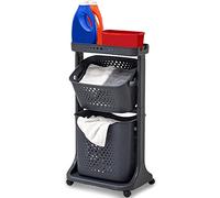 Shally Dogan Laundry Trolley with Wheels, 2 Multi-functional Shelves, Space Saving Cart, Complete with Removable Linen Basket, Swing Basket, Top Storage Shelf (Grey)