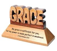 Shalom Christian wood mahogany Grace 2 Corinthians 12:9 desktop ornament gift 10cm