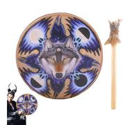 Shaman Drum - 9" Hand Drum Wolf Head Design Natural Wood Construction | Spiritual Music Practice Ritual Instrumental Meditation Reflection Ceremony