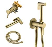 SHAMANDA Warm Water Bidet Sprayer for Toilet with Hot and Cold Brass Rough-in Valve, Stainless Steel Round Handheld Bidet Attachment Set for Feminine, Pets and Baby Diaper Wash, Brushed Gold, BDS09-3
