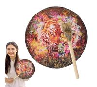Shamanic Hand Drum, Handmade PU Leather Shaman Hand Drum, Big Tone Round Shaman Tools, Vintage Wood Gavel Included Spiritual Music Supplies for Home, Drummer