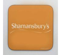 Shamansburys (white text on orange) - Inspired by The Mighty Boosh - Drinks Coaster - Hardboard - 9cm x 9cm - Gloss Finish