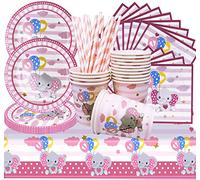 SHAMO 69 pieces party tableware, baby shower decoration girl for 16 guests, pink elephant paper plates, cups, napkins, straws, tablecloth