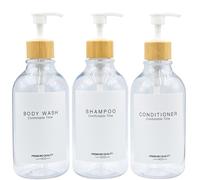 Shampoo and Conditioner Bottles, Apothecary Dispenser Bamboo Pump, Refillable Shampoo Bottles for Shampoo Lotion Oil Shower Soap Hand Soap and Dish Soap, Plastic Clear Set (Clear)