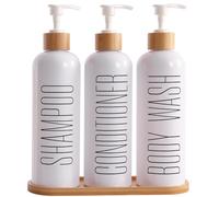 Shampoo and Conditioner Dispenser, Contains Shampoo Conditioner Body Wash, 500ml Refillable Shampoo Bottle with Bamboo Pumps & Tray, Modern Bathroom Shower Soap Dispenser Set(White)